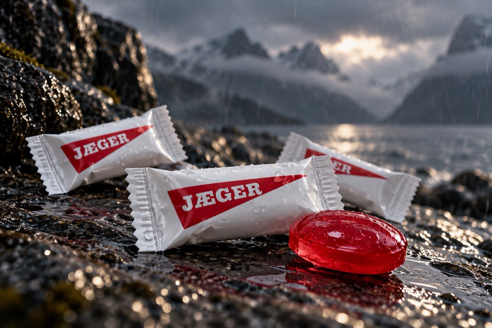 Jæger-pastiller i profilert innpakning