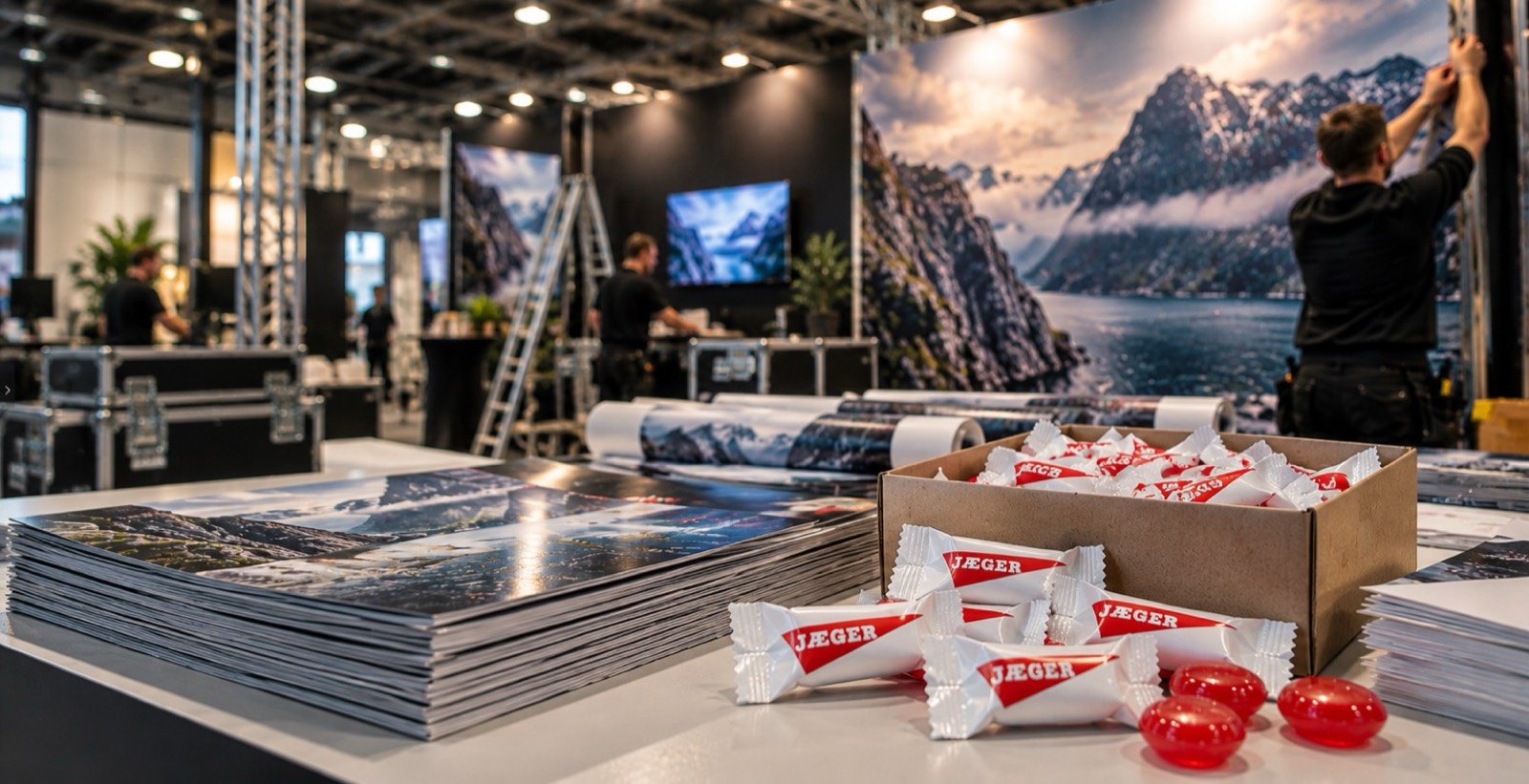 Messestand med fjordbilde, trykksaker og profilerte pastiller på disken